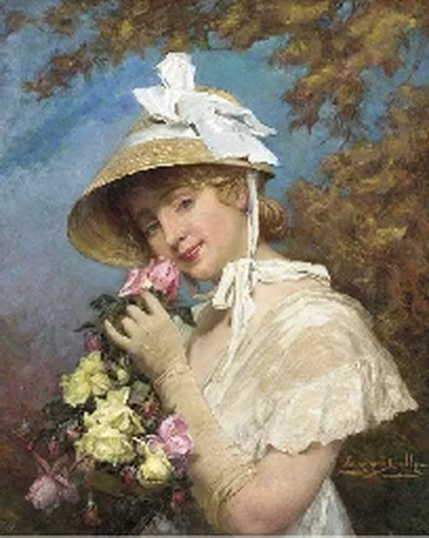 Eugène Auguste François Deully - Ritratto di una ragazza, a mezzo busto, con abito bianco e cuffia di paglia, che tiene in mano un cesto di fiori
